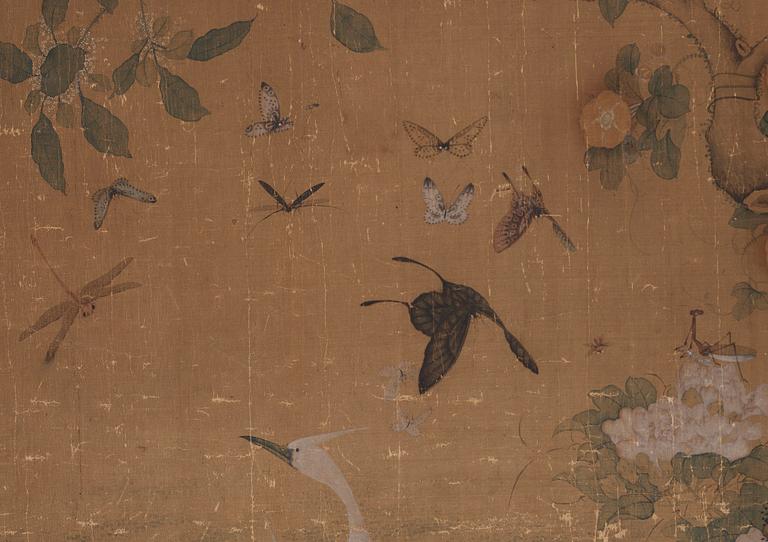 A painting with birds and butterflies in a flowering garden, Qing dynasty (1644-1912).