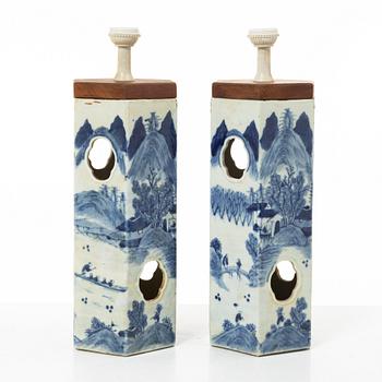 A pair of blue and white lanterns/table lamps, China, circa 1900.