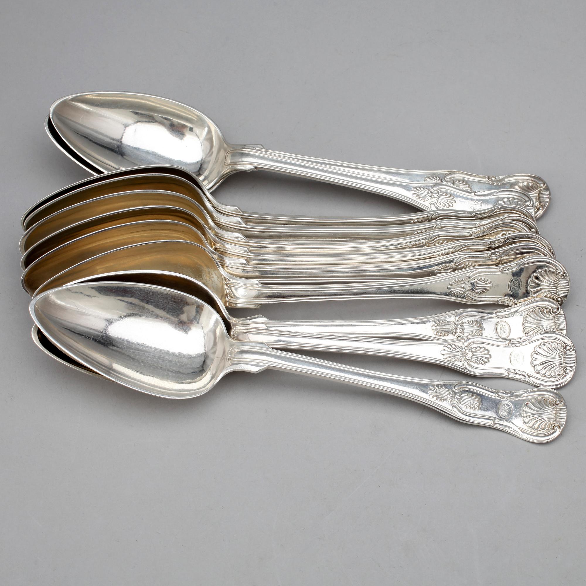 MATSKEDAR, 11 st, silver, bla Möllenborg, "Engelsk snäck", 1800-tal. Tot ca 800 gram.