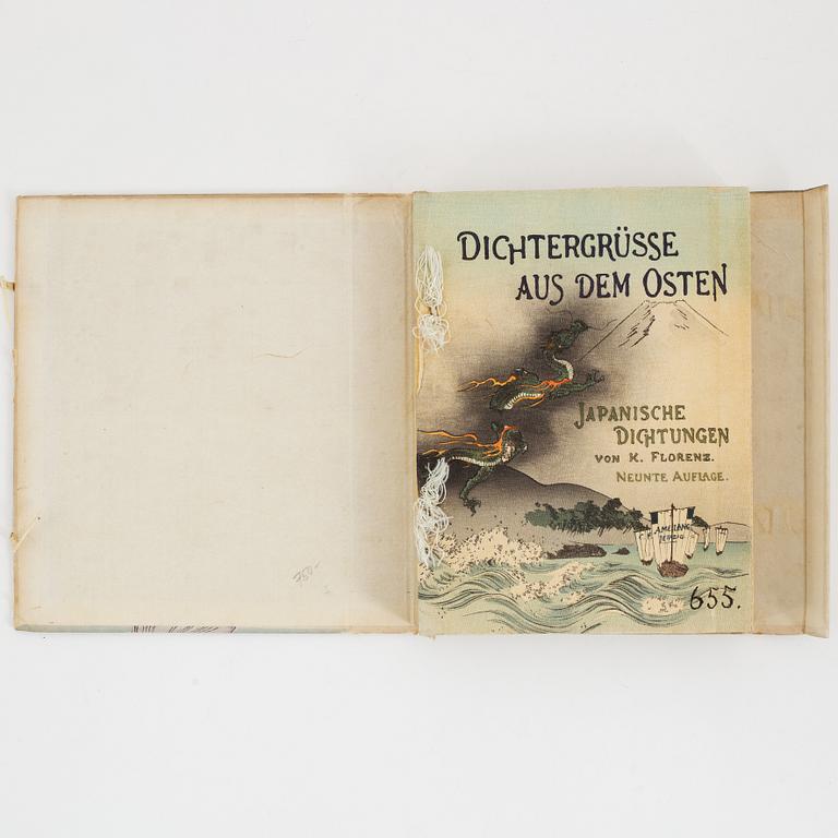 Japanska dikter och dramer med illustrationer i träsnitt, 2 vol, daterade 1906 och 1911.