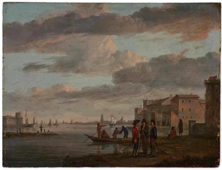Marten Jacobus Waefelaerts, A river landscape with boats, figures, a castle and a town beyond.