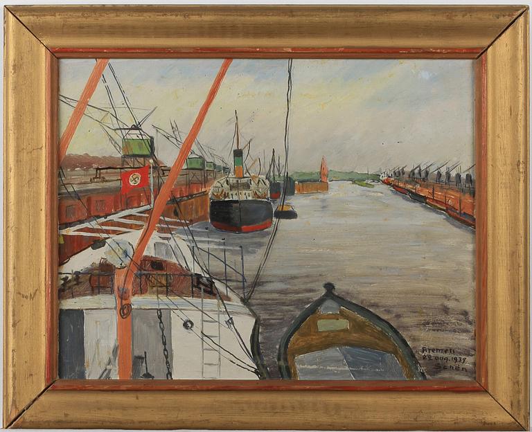 OKÄND KONSTNÄR, olja på papp, sign Schèn, dat -39 2 Aug Bremen.