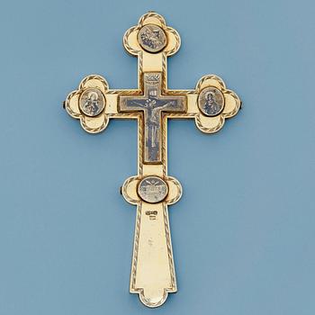 A Russian 19th century silver-gilt and niello crusifix, marks of Moscow 1841.