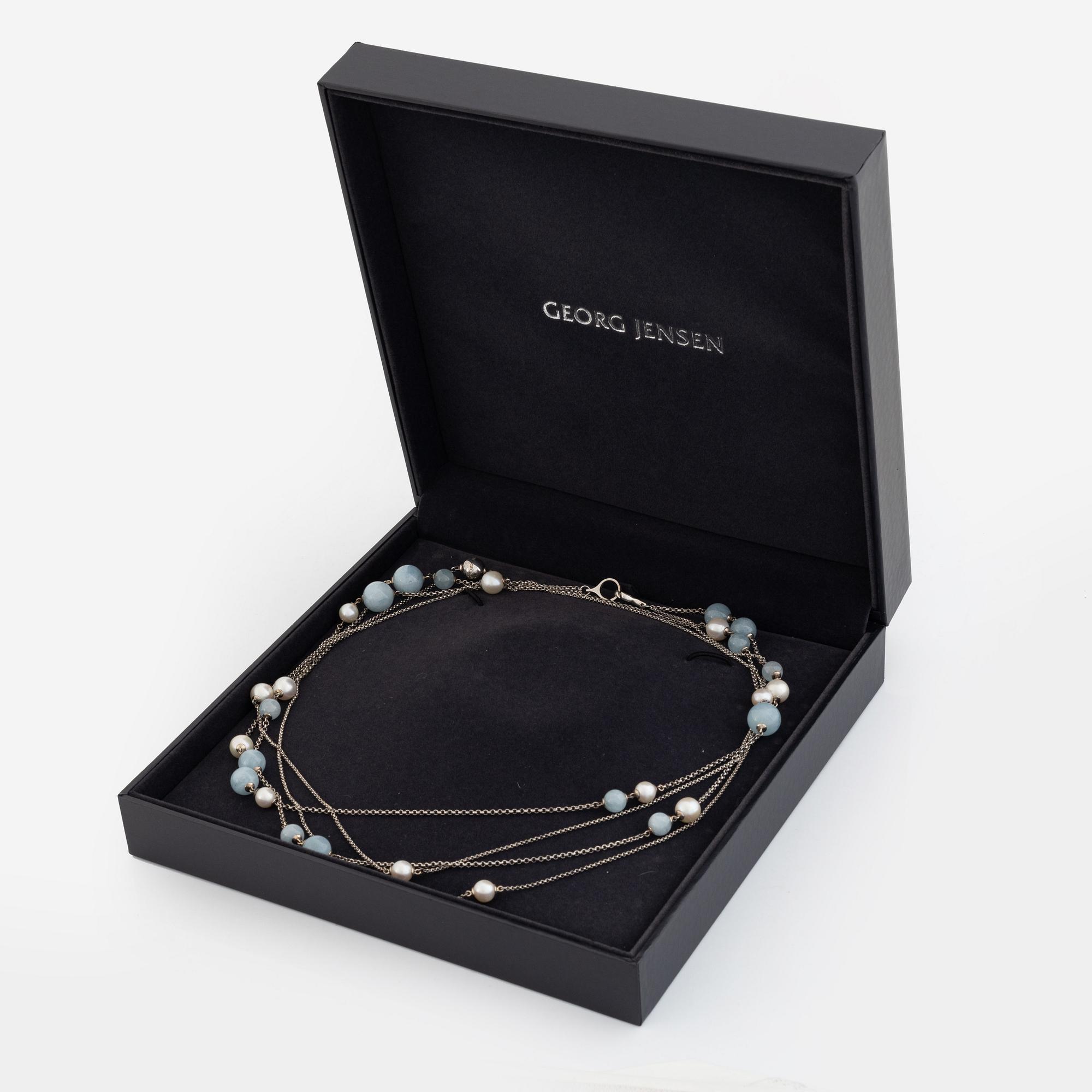 Georg Jensen, cultured pearl and aquamarine silver necklace.
