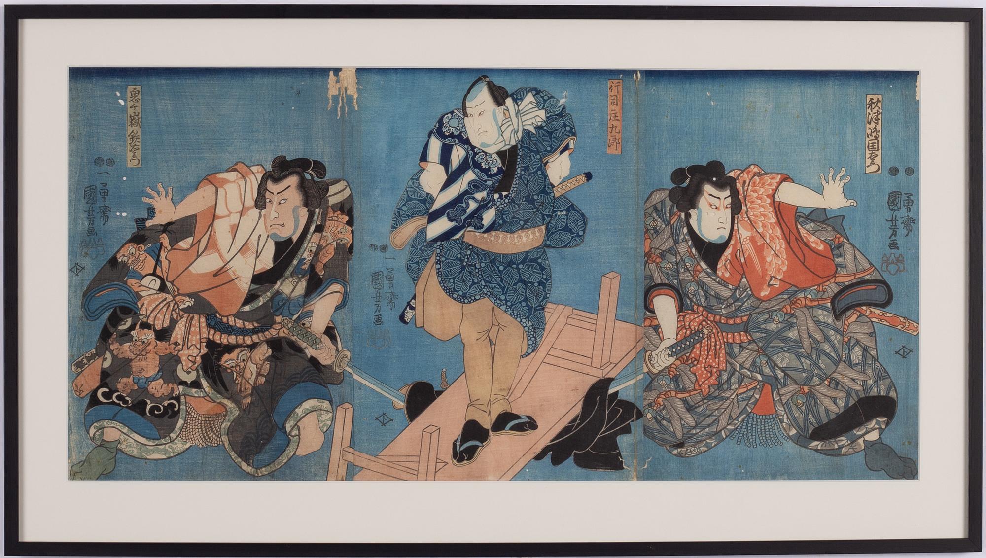 Utagawa Kuniyoshi, A Triptych with kabuki actors as samurai warriors.