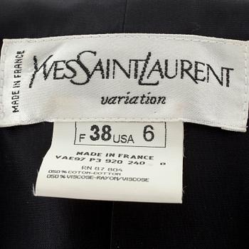 YVES SAINT LAURENT, a two-piece black velvet dress consisting of jacket and skirt.