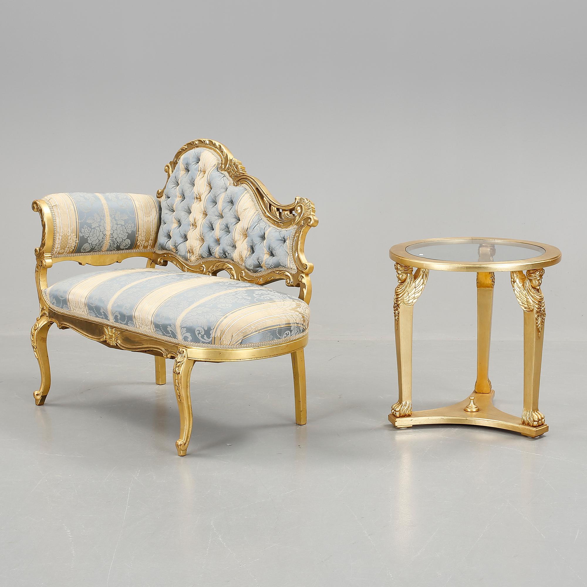 SOFFA med BORD, rokokostil resp empirestil, modern tillverkning.