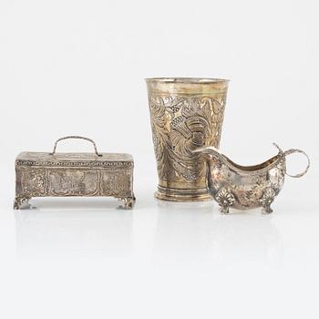 A Silver Box, Creamer and Beaker, including mark of GAB, Stockholm 1935.