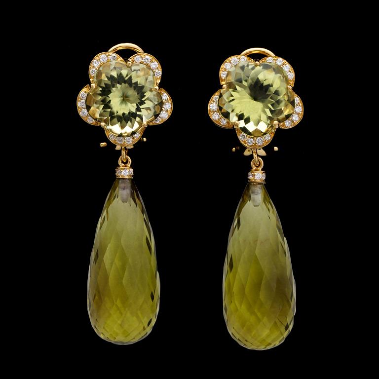 EARRINGS, citrin and lime quarts and brilliant cut diamonds, tot. 0.36 cts.
