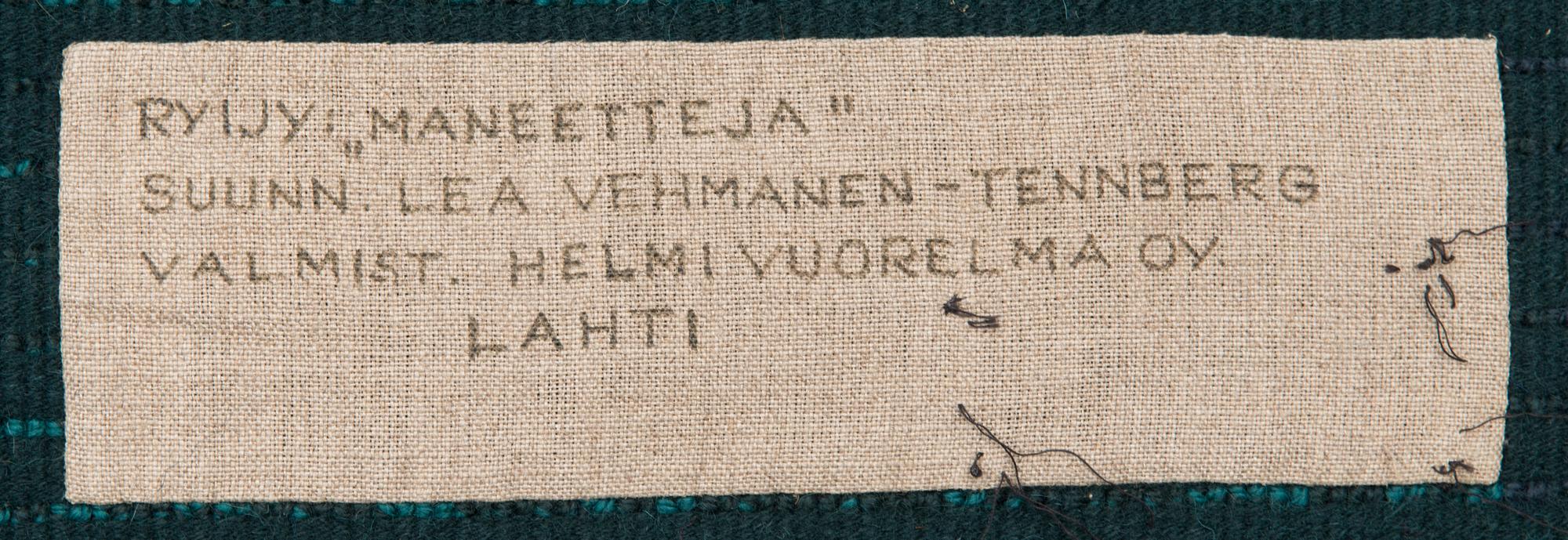 LEA VEHMANEN-TENNBERG, rya, Helmi Vuorelma Lahti. Ca 170x110 cm.