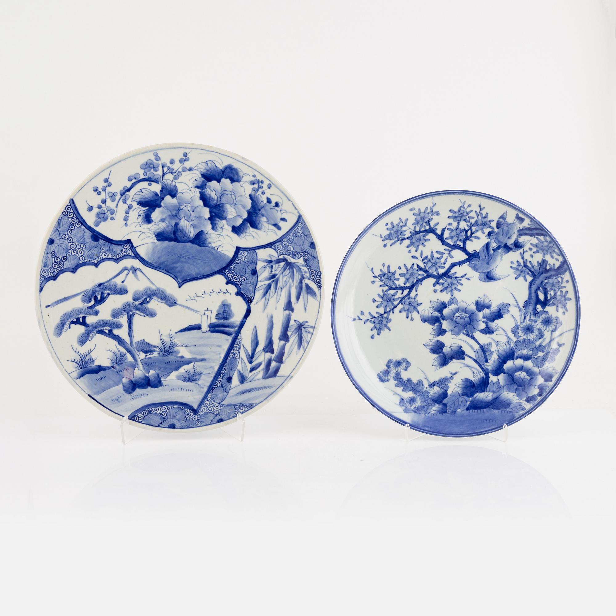 Two large blue and white Japanese porcelain dishes, Meiji (1868-1912).