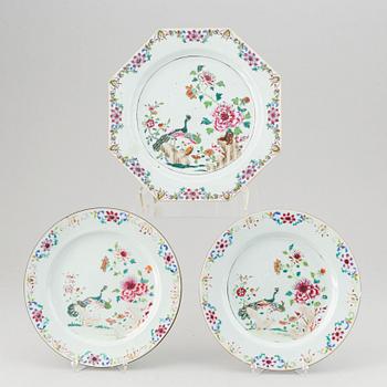 A set of three famille rose "double peacock" serving dishes, Qing dynasty, Qianlong (1736-95).