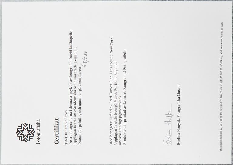 DAVID LACHAPELLE, triptyk, Fotografiska museet. Numrerade 64/250 på medföljande certifikat.