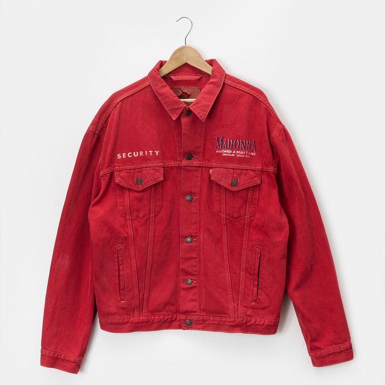 A red Levis "Security" jeans jacket from The Madonna Blond Ambition World Tour, 1990, Size XL.
