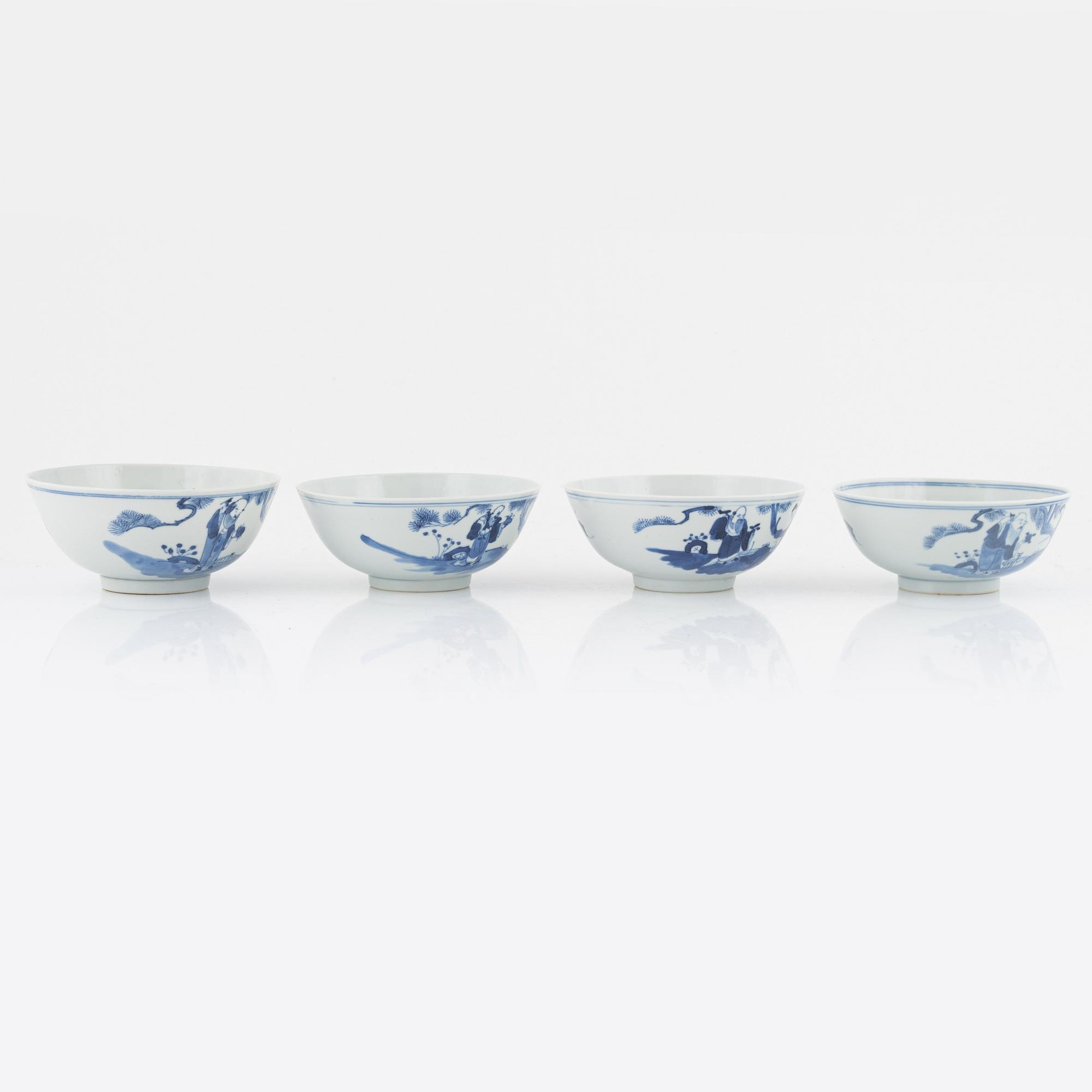 A set of four Chinese blue and white bowls, Qing dynasty, 19th century.