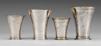 187. BÄGARE, 4 st, silver, Jöns Lund, Skara1764, Lorenz Swan, Nyköping (v. 1749-61(-62)),