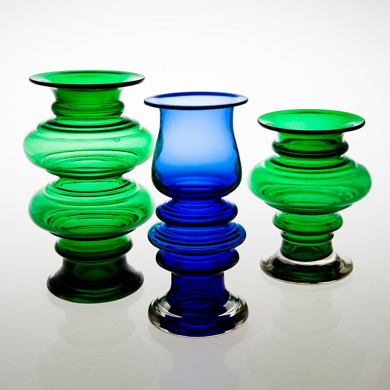 TAMARA ALADIN, Three 'Tornado' glass vases, two signed. Riihimäen Lasi 1970-73. Design year 1970.