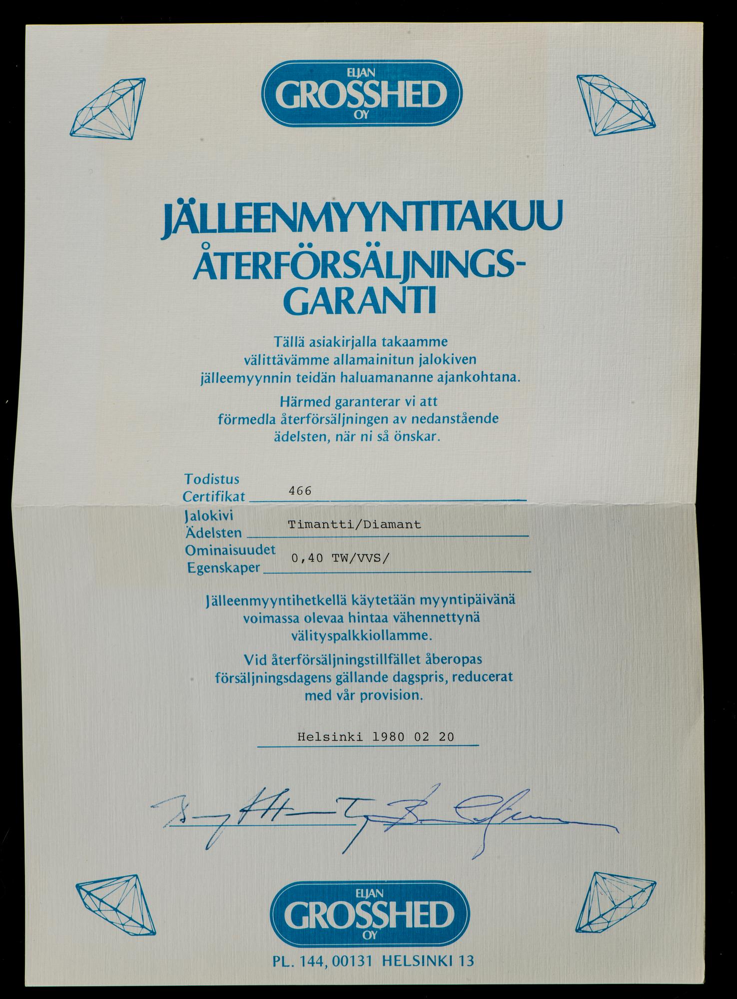 DIAMANT, briljantslipad 0,40 ct F-G (Top Wesselton) / VVS.