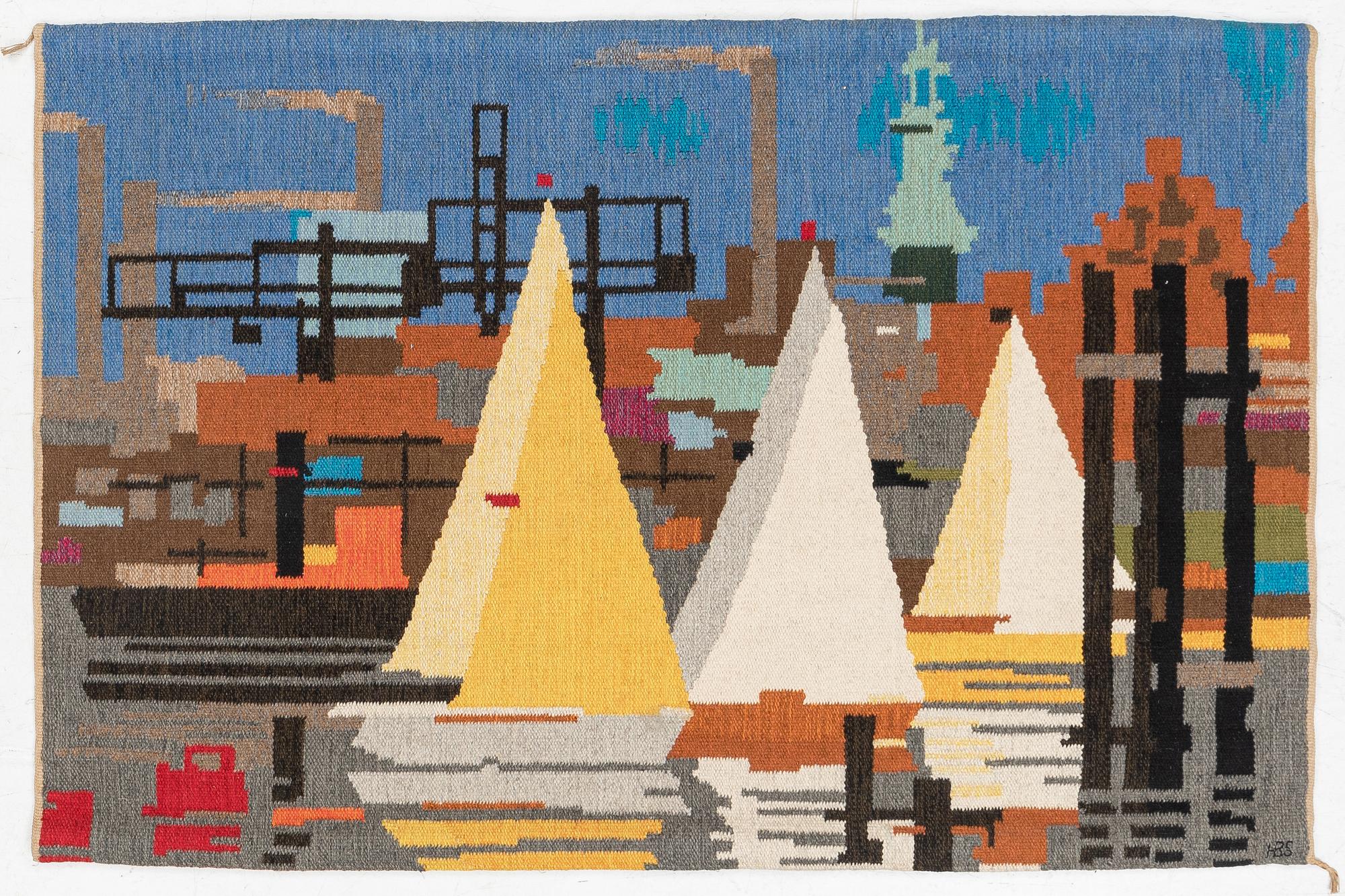 Heiko Becker-Sassenhof, väggtextil, Signerad. "I hamn" , rölakan, Gammelstads Handväferi. 130 x 200 cm.