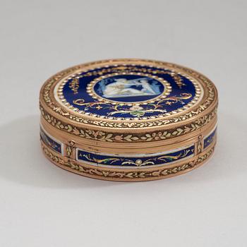 A Swiss late 18th century gold and enameld snuff-box, unidentified makers mark.