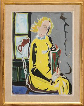 Eric Elfwén, interior with a reading woman in a yellow dress.