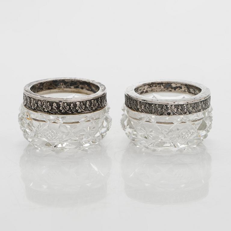 A set of six Estonian glass and silver salt cellars, maker's mark of Hirsch Markowitsch, Tallinn 1922-39.