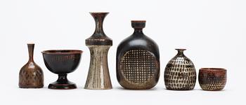 A set of six Stig Lindberg stoneware miniatures, Gustavsberg studio 1960's.