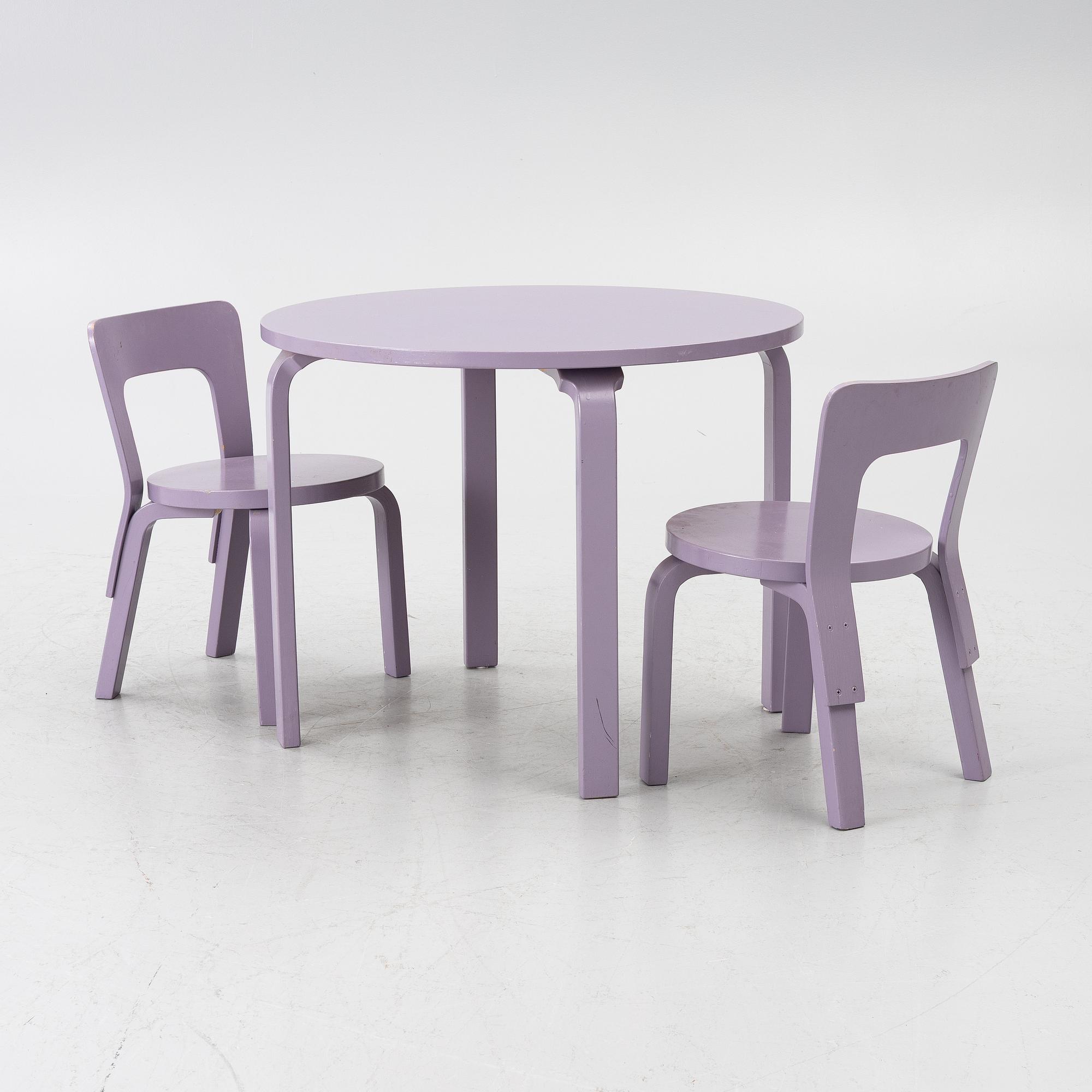 Table, Gärsnäs, and a pair of No. 65 children's chairs by Alvar Aalto.