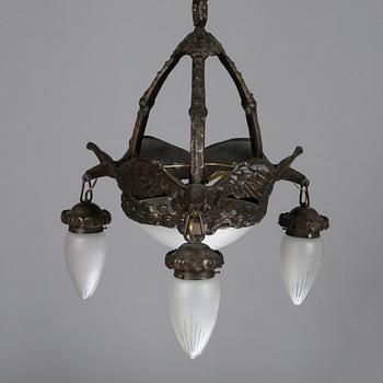 A Jugend style patinated bronze pendant ceiling light from the early 1900s, Böhlmarks, Sweden.