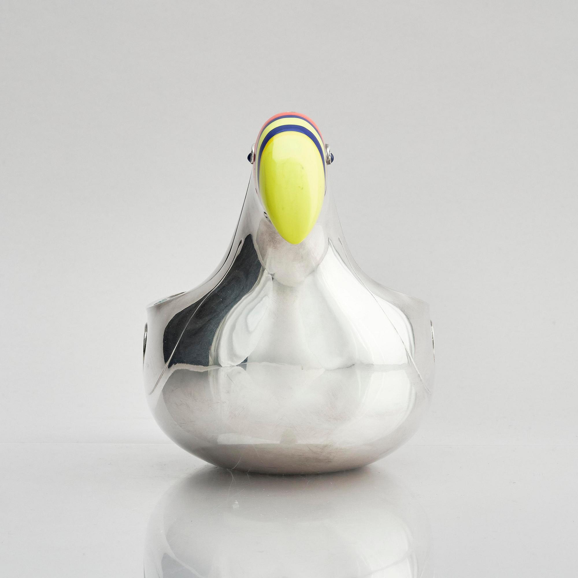 Gunnar Cyrén, "Stornäbb" (large beak), a unique sterling silver bowl with sapphires and glass, Gävle, Sweden 1977.