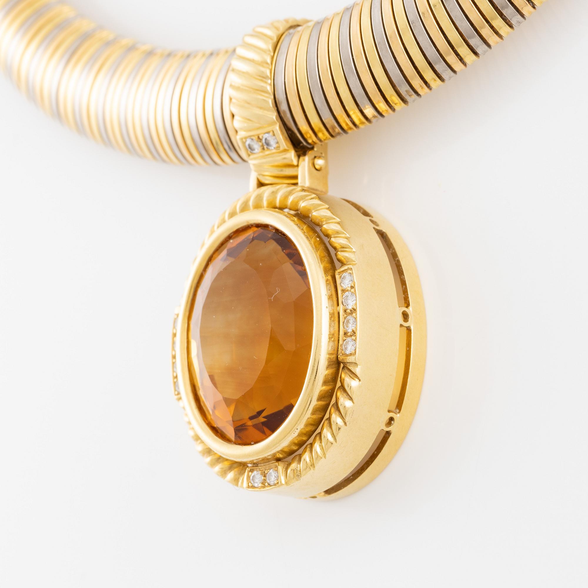 Collier med hänge, 18K guld med citrin och briljantslipade diamanter.