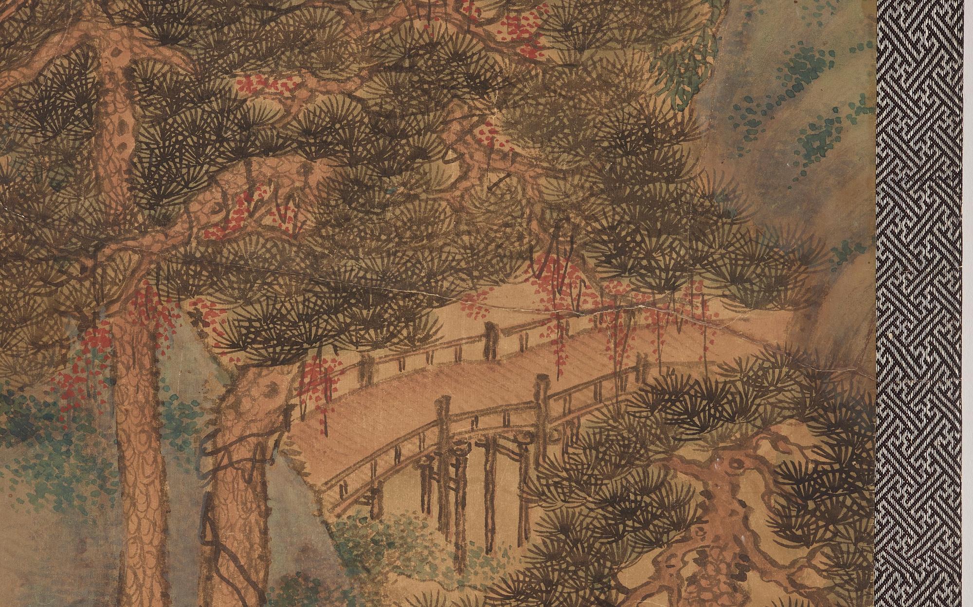 RULLMÅLNING, bergigt flodlanskap i Qian Dus (1764-1844/45) stil, Qingdynastin, sent 1800-tal.