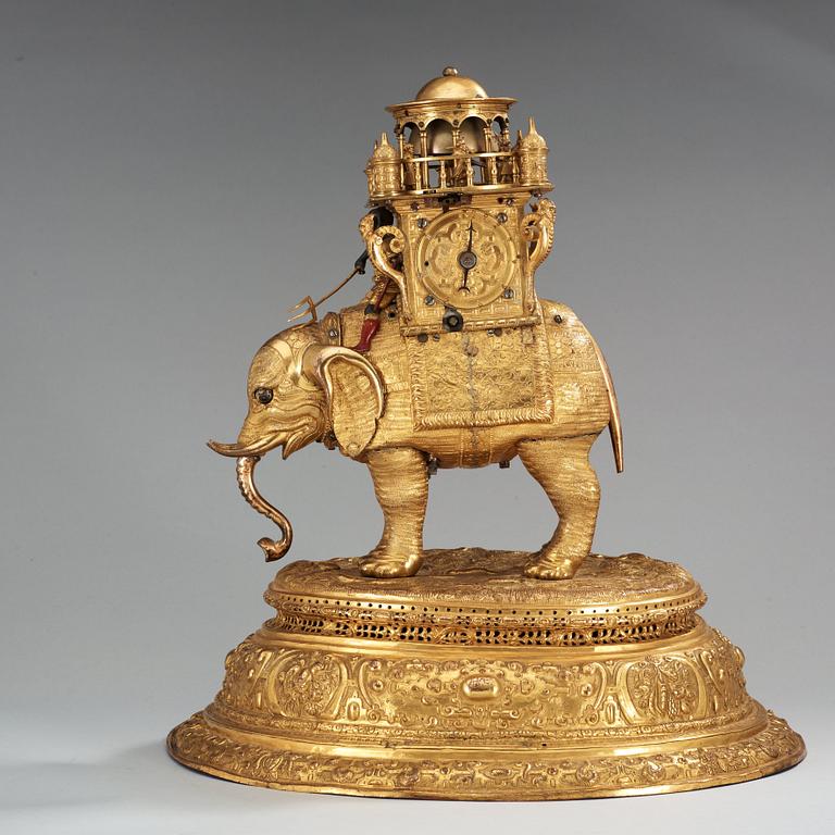 An important South German late 16th century gilt copper and bronze elephant automaton figure clock.