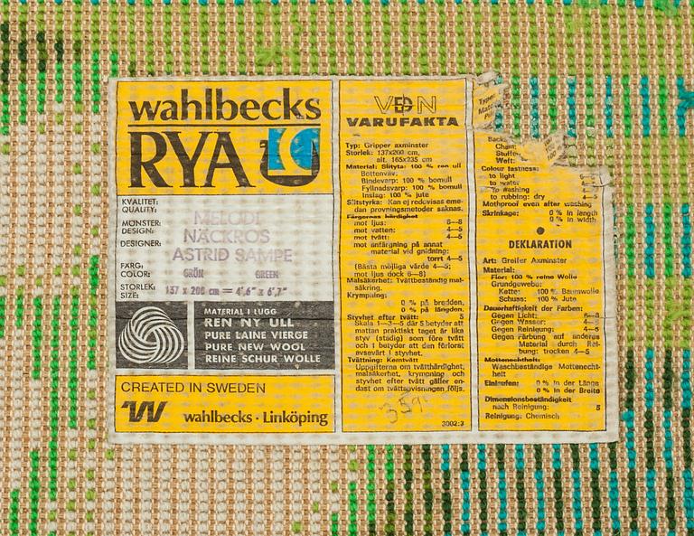 MATTA, rya, "Näckros", Astrid Sampe, Wahlbecks Rya, Linköping, 1960-tal. Ca 200 x 137 cm.