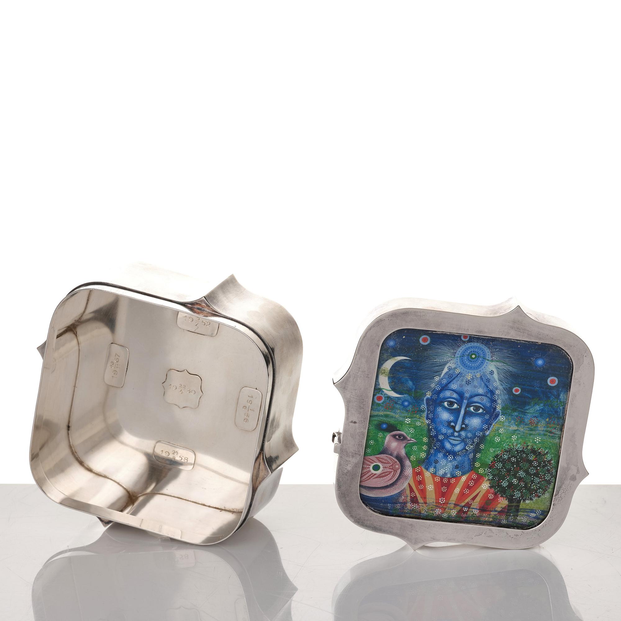 Claës Giertta, ask, Stockholm 1970, sterling, locket med gouache.