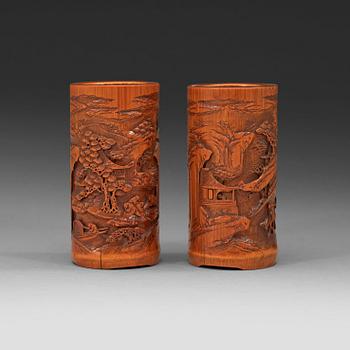 75. A pair of finely carved small Bamboo brushpots. Qing dynasty 19th century.