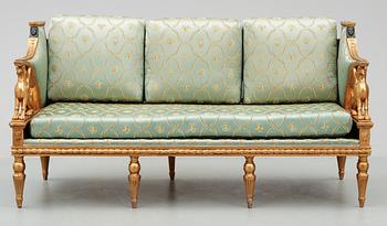 A late Gustavian early 19th Century seating, comprising seven parts (one sofa, four armchairs, two chairs).