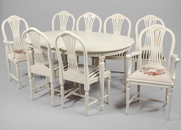 MATSALSMÖBLEMANG, 9 delar, gustaviansk stil, 1900-talets andra hälft.