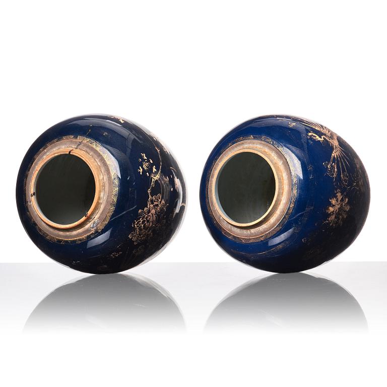 A pair of blue glazed Chinese jars with covers, Qing dynasty, Qianlong (1736-95).