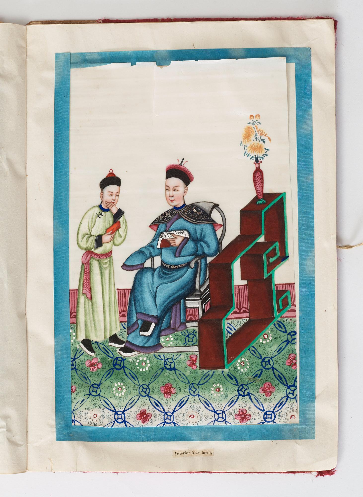 Album comprising 12 export gouaches on pith paper, portraying the Chinese court, Qing dynasty, late 19th Century.
