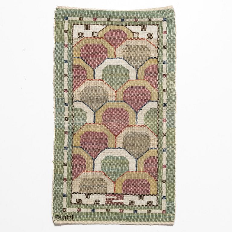 Märta Måås-Fjetterström, vävnad, "Sköldpaddan", inplock på linnebotten, signerad AB MMF, ca 66 x 37 cm.