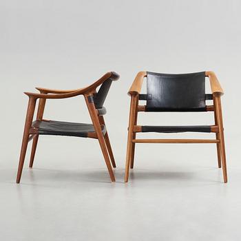 Adolf Relling & Sigurd Resell, a pair of teak and leather "56/2 Bambi-series armchairs, Norway 1950-60's,