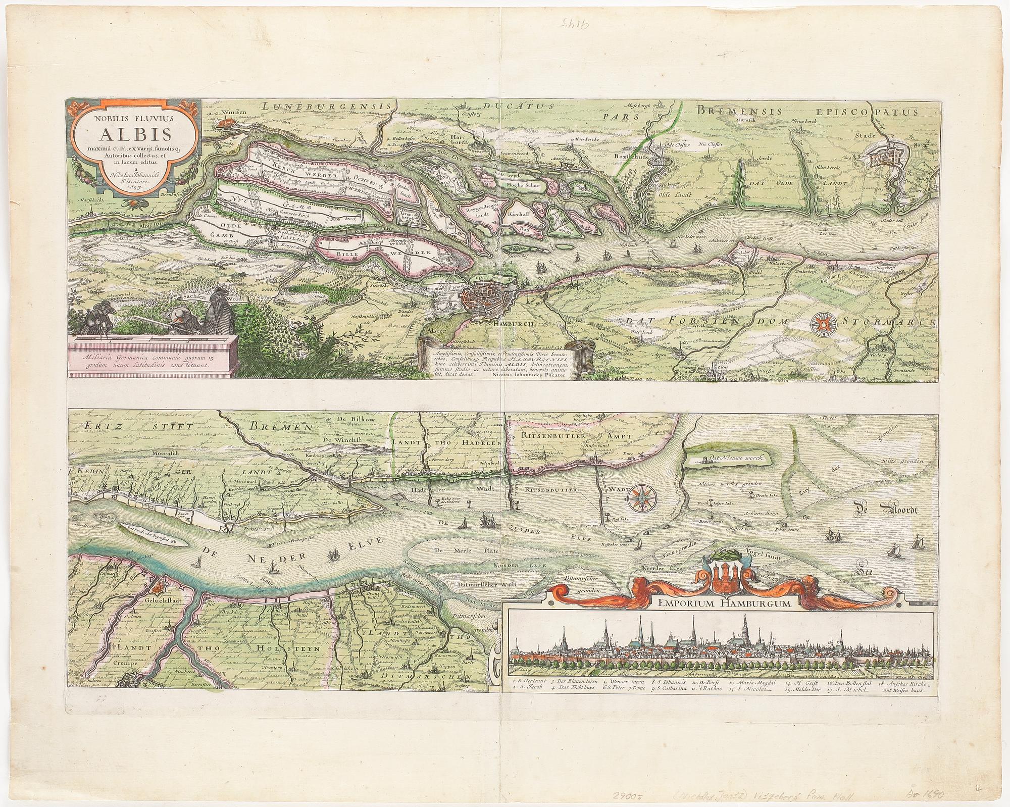KARTA, kolorerad, Hamburg med omnejd, Nicolao Johannide Piscatore, 1600-talets andra hälft.