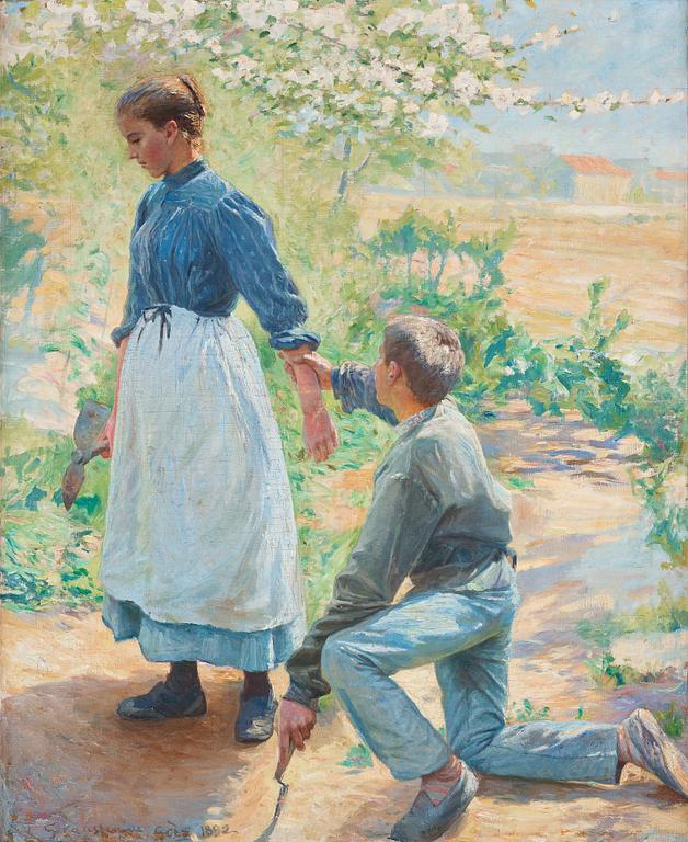 Gottfrid Kallstenius, Young couple in love, garden scene from Grez, France.