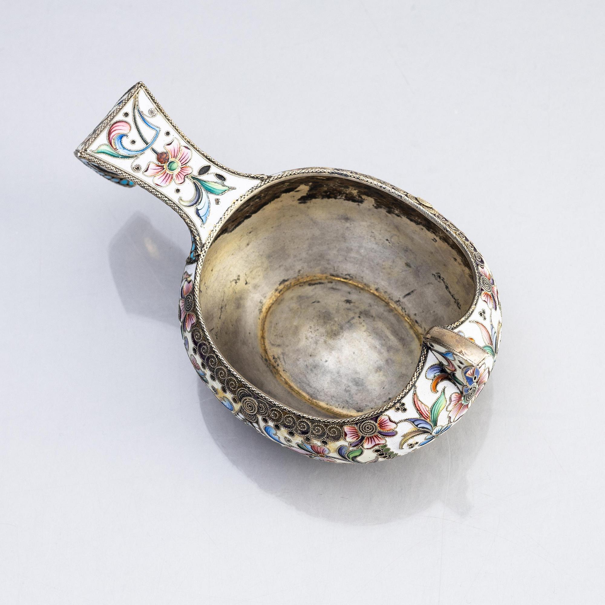 A silver and enamel kovsch, maker's mark Maria Semenova, Moscow 1908 - 1917.