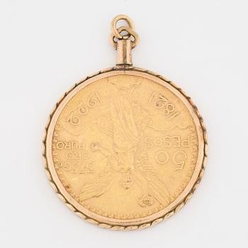 Gold coin 50 pesos pendant, Mexixo, setting 14K gold.