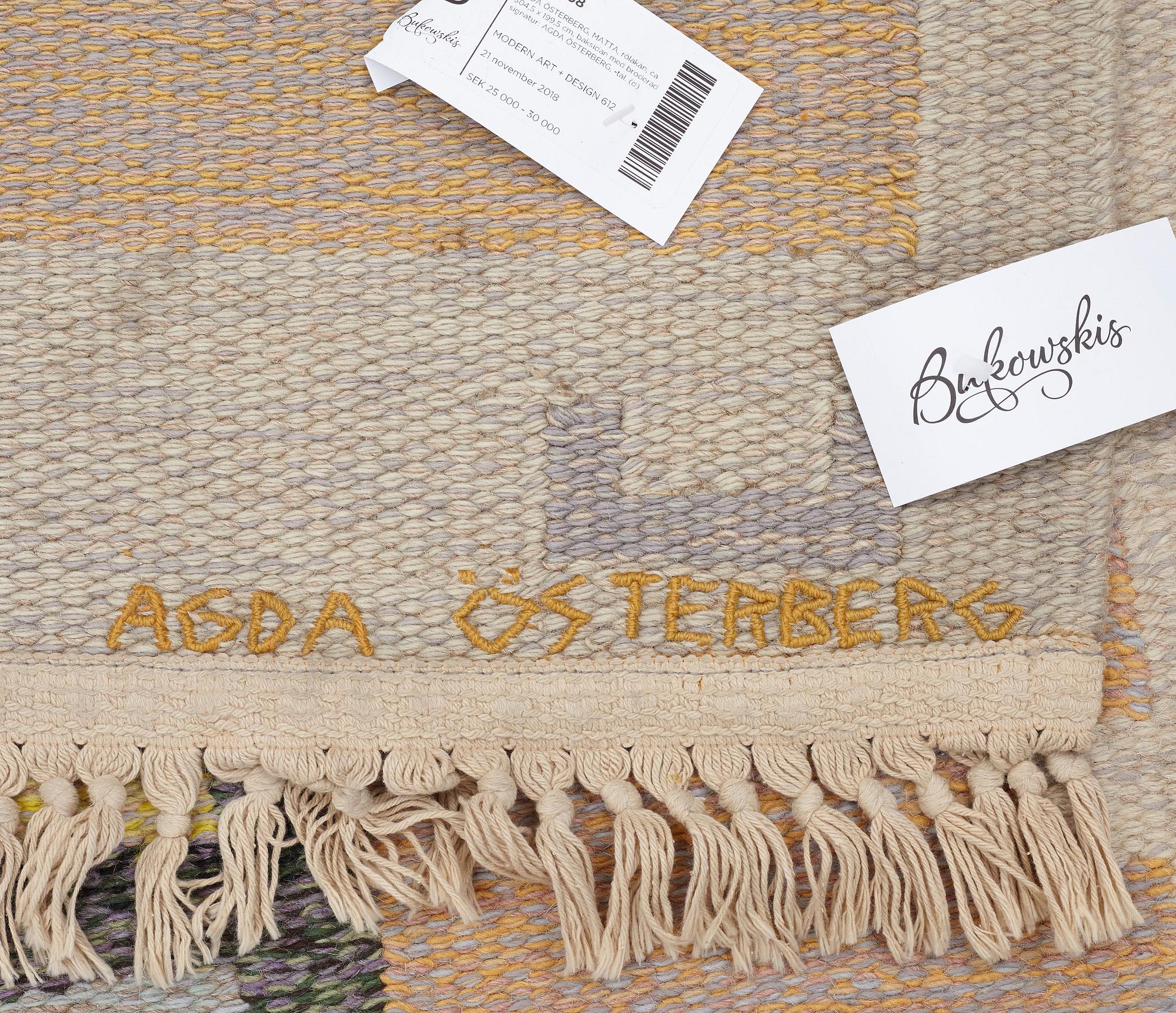 AGDA ÖSTERBERG, MATTA, rölakan, ca 304,5 x 199,5 cm, baksidan med broderad signatur: AGDA ÖSTERBERG,