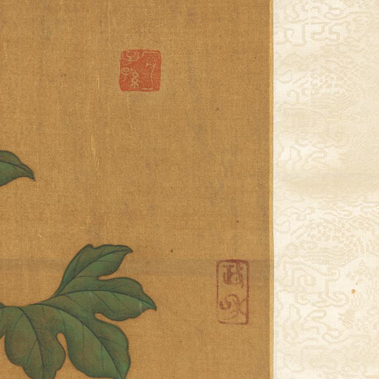 A Chinese scroll painting by unidentified master, four ducks resting by a blooming pond, 20th century.