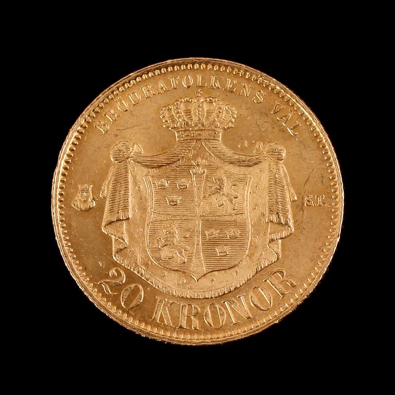 GULDMYNT, 20 kronor, Oscar II, 1873. Vikt ca 9 gram.