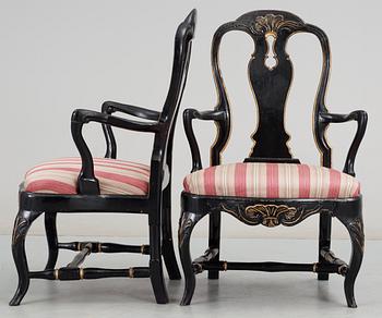 A pair of Swedish Rococo 18th century armchairs.